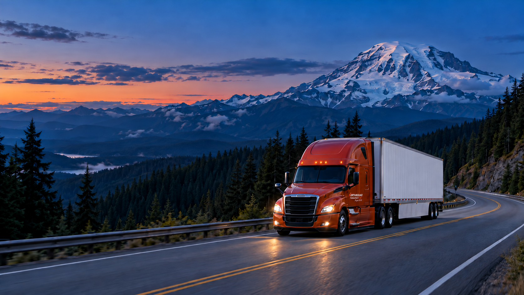 A Northbound truck on a winding mountain road near Mount Rainier, Washington, at dusk